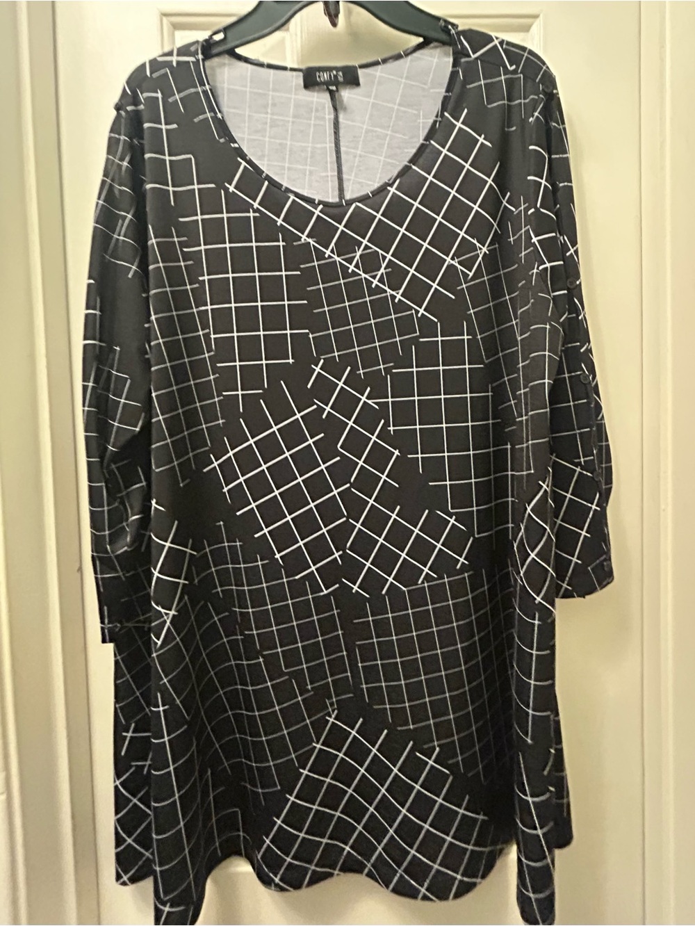 Retro Comfy USA Black Tunic with White Grid Patchwork Print
